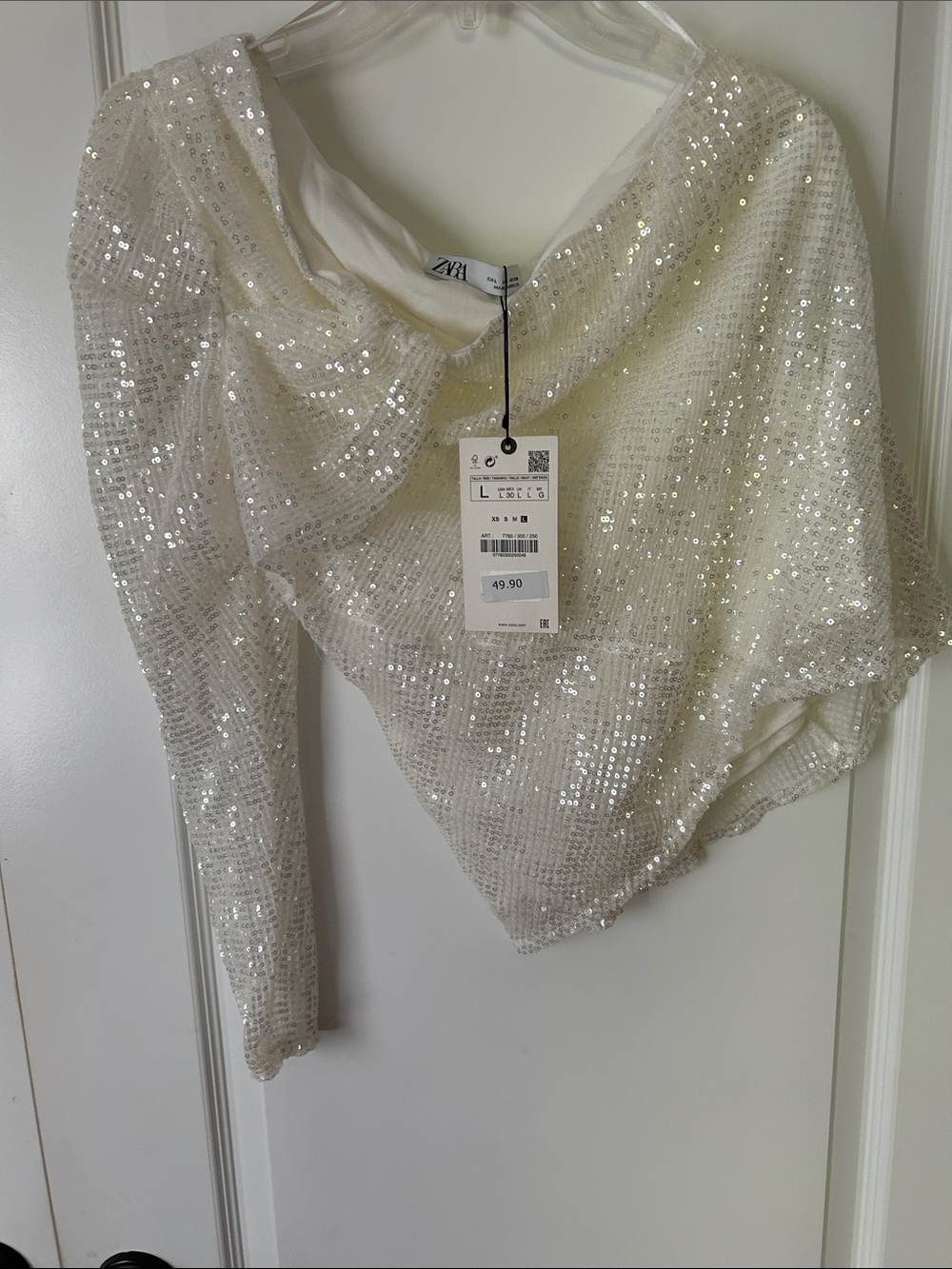 Zara Ivory Sequin One-Shoulder Camisole Top